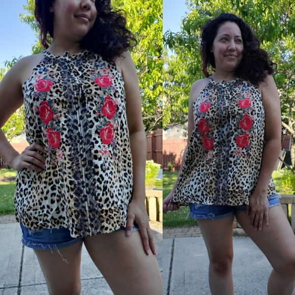 Leopard Floral Embroidered Top S M L - Picture 4 of 4